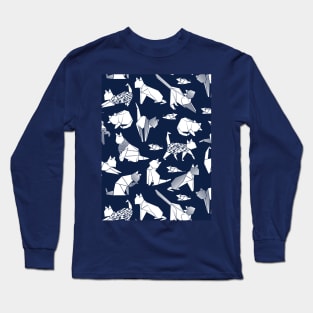 Origami kitten friends // pattern // blue navy background paper cats Long Sleeve T-Shirt